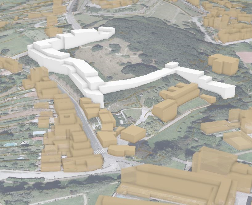 Modelización da edificación prevista no planeamento vixente (en cor branca)