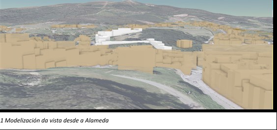 Modelización da edificación prevista no planeamento vixente, vista dende a Alameda (en cor branca)